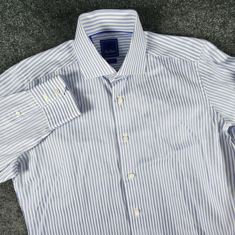 David Donahue Dress Shirt Men 16 32/33 Blue White Striped Trim Fit Cotton